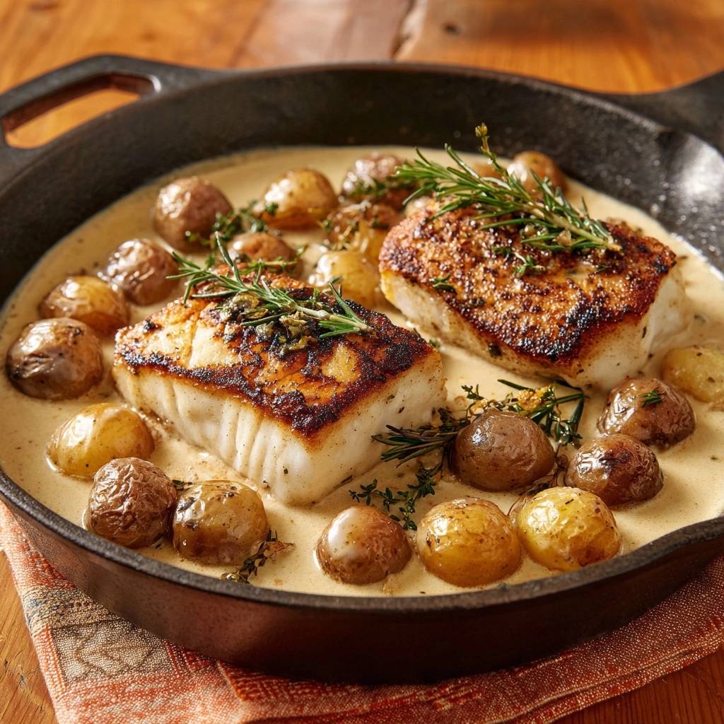Skillet-Seared Cod with Baby Potatoes in Rosemary Cream served in a cast iron skillet with fresh rosemary garnish.
