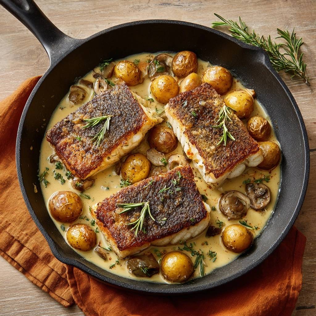 Skillet-seared cod with creamy mushrooms and baby potatoes, presented in a cast-iron pan from an overhead perspective.
