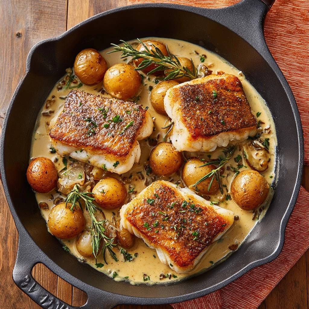 Skillet-seared cod with creamy mushrooms & baby potatoes, presented in a cast-iron skillet from an overhead view.