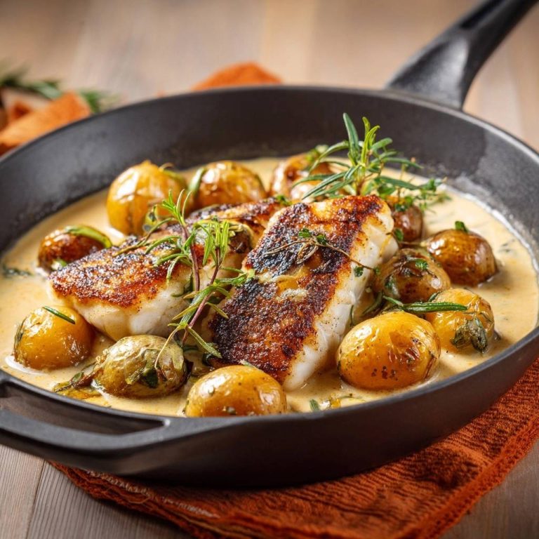 Skillet-seared cod with baby potatoes in rosemary cream, presented in a cast-iron skillet with fresh rosemary garnish.