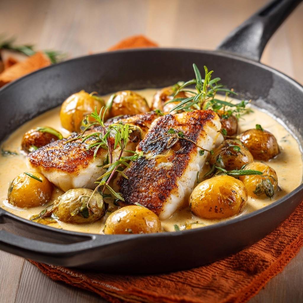 Skillet-seared cod with baby potatoes in rosemary cream, presented in a cast-iron skillet with fresh rosemary garnish.