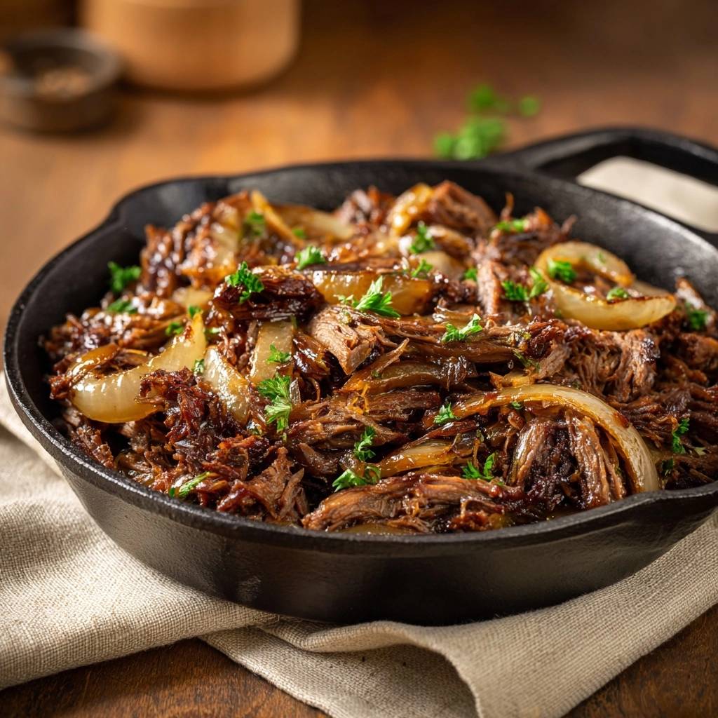 Skillet shredded beef and onions served in a rustic cast iron skillet, garnished with fresh parsley.