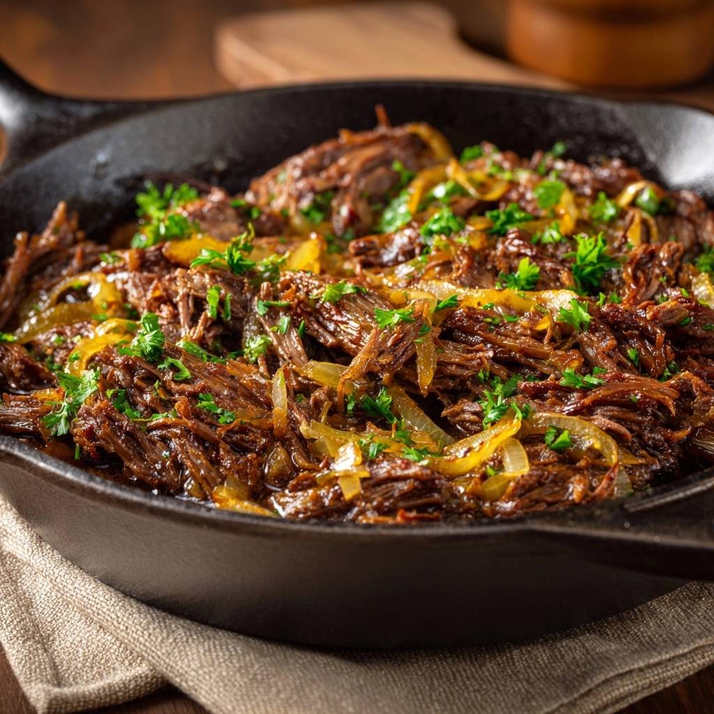 Skillet shredded beef and onions with fresh parsley garnish, captured in a close-up view.
