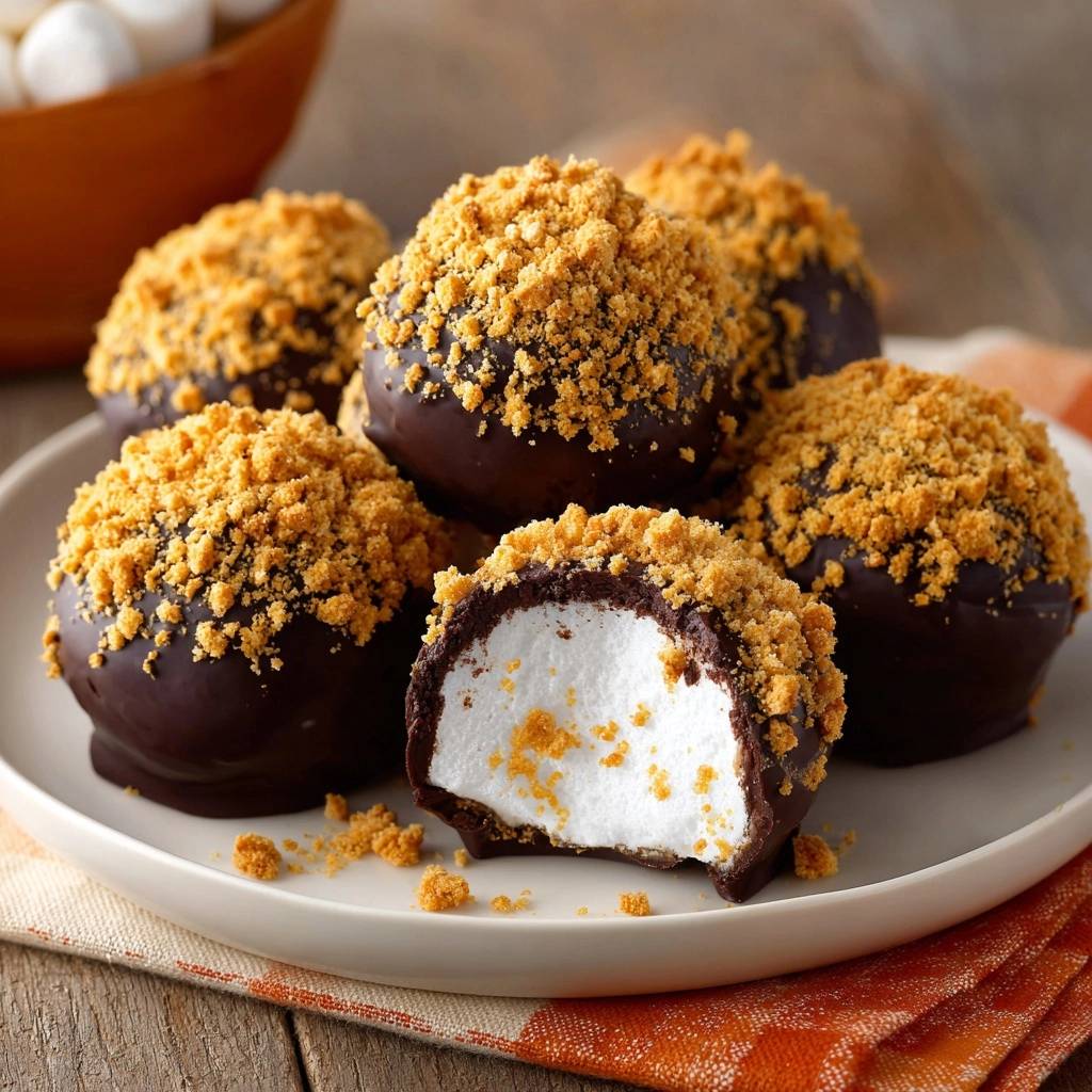 Crunchy S’mores Balls, a cross-section revealing a fluffy marshmallow center coated in chocolate and graham cracker crumbs.