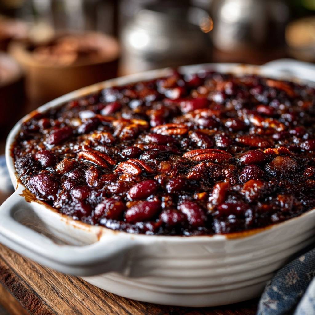 Southern pecan baked beans with a glossy, rich topping and visible pecan pieces in a white baking dish.