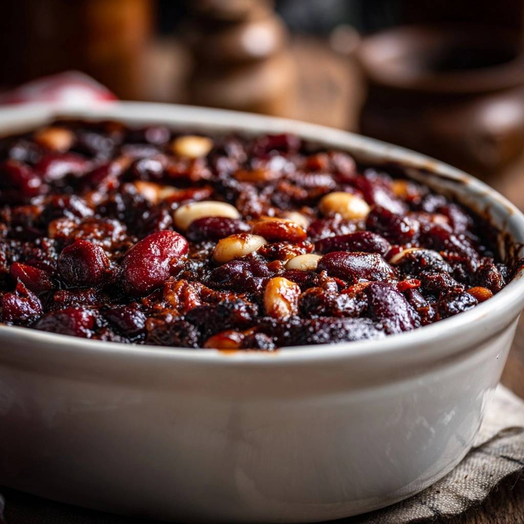 Southern Pecan Baked Beans with a close-up detail of the crunchy pecan and bean topping.