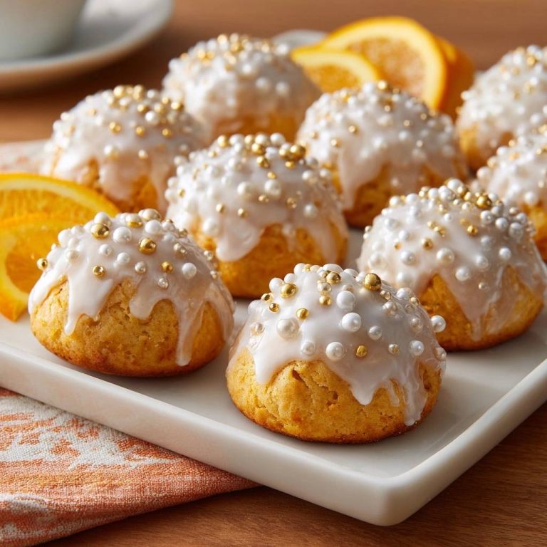 Sparkling orange glazed cookies are intricately decorated with white and gold pearls and drizzled icing.