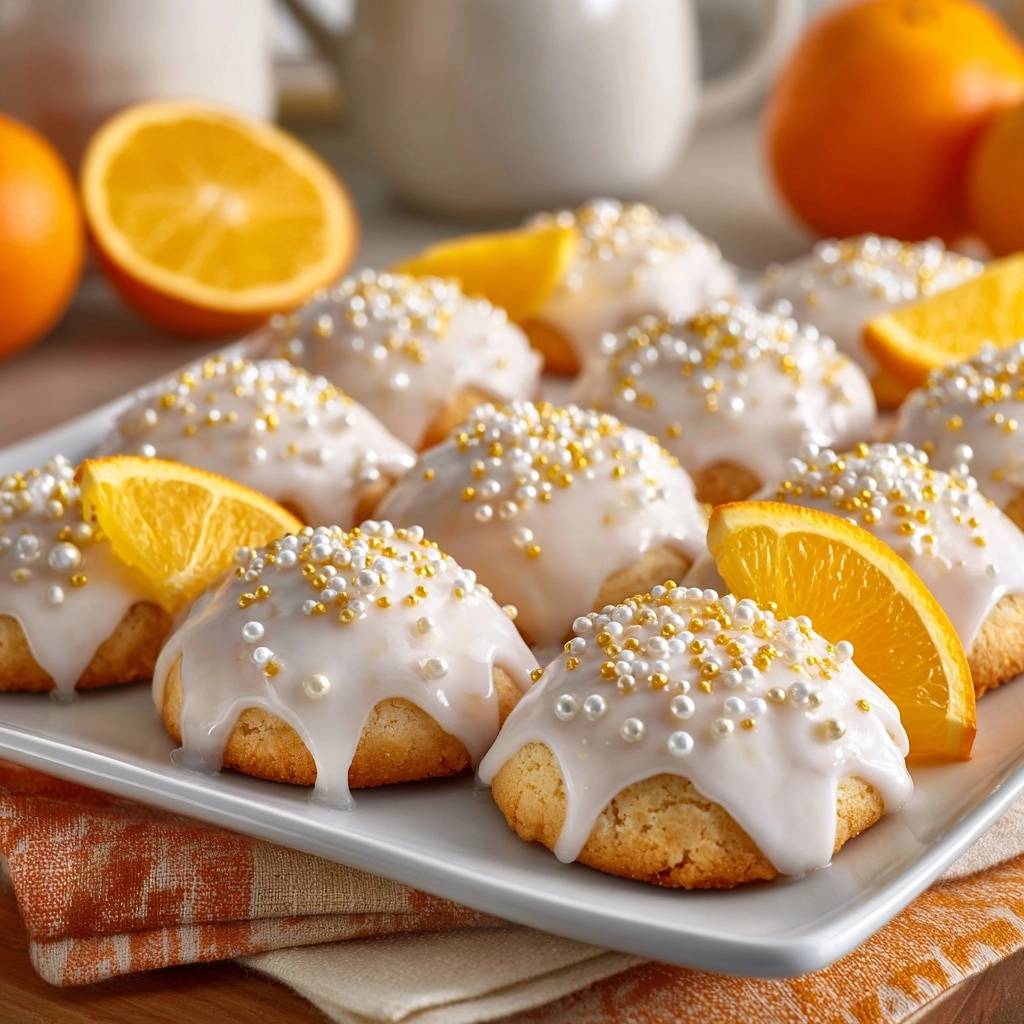 Sparkling orange glazed cookies are shown in a close-up detail shot, highlighting their white icing and festive pearl and gold sprinkles.