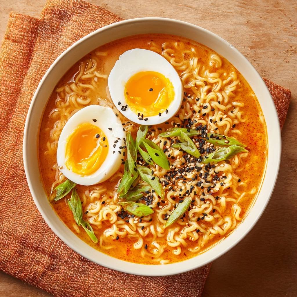 Spicy asparagus ramen with runny eggs shown from an overhead view, garnished with green onions and sesame seeds.