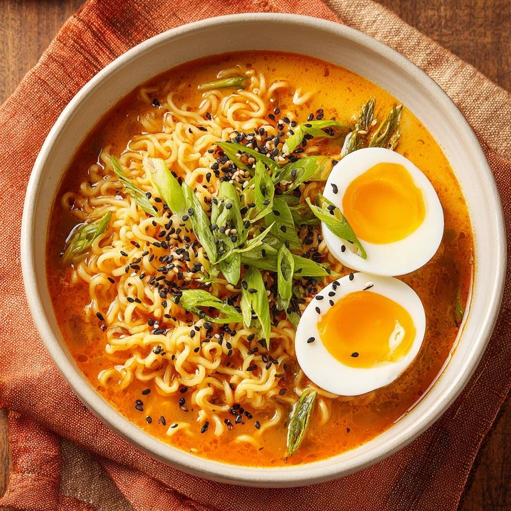 Spicy asparagus ramen with runny eggs, garnished with green onions and sesame seeds, shown from an overhead view.