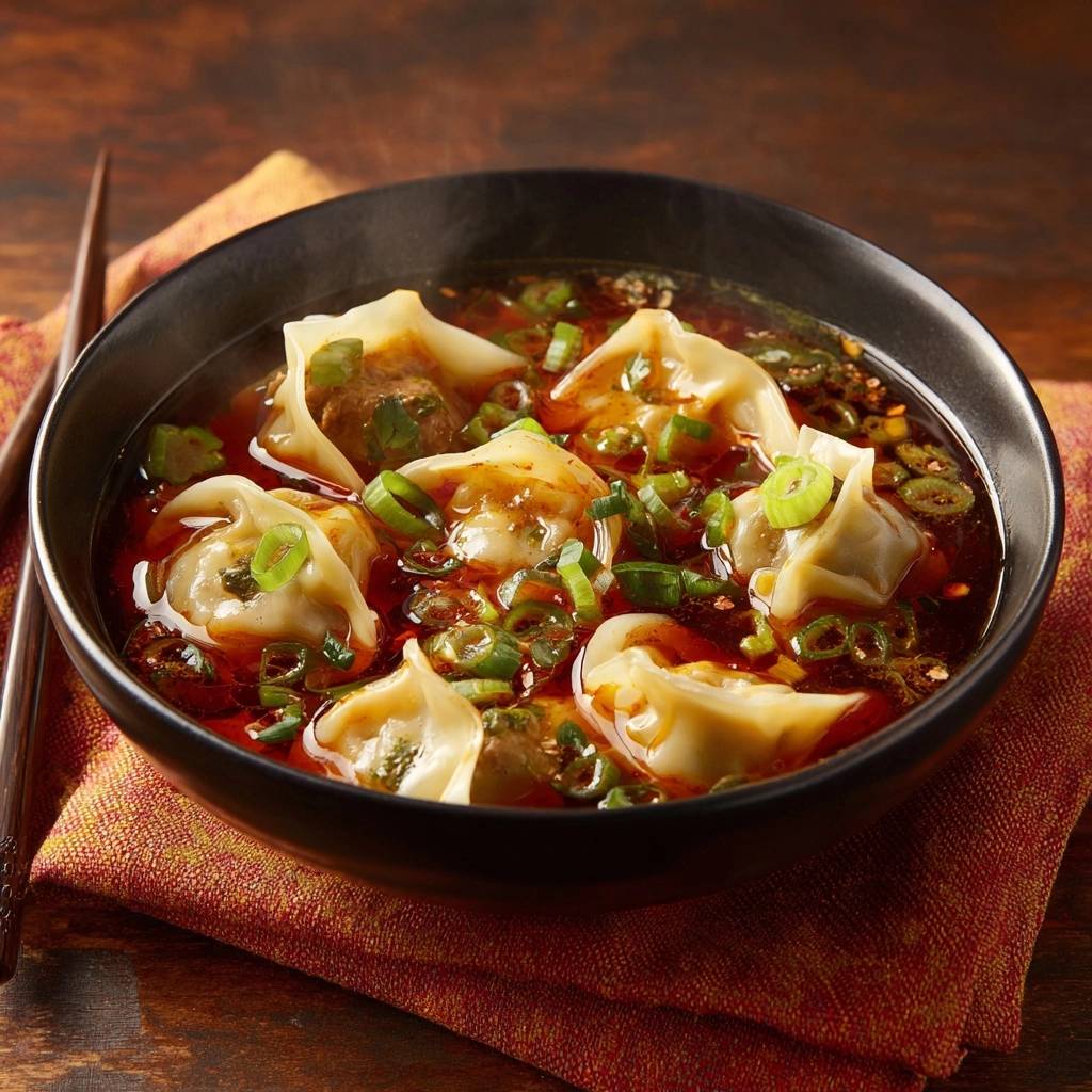 Spicy beef dumpling soup, close-up of dumplings in a fiery broth with chopped scallions.