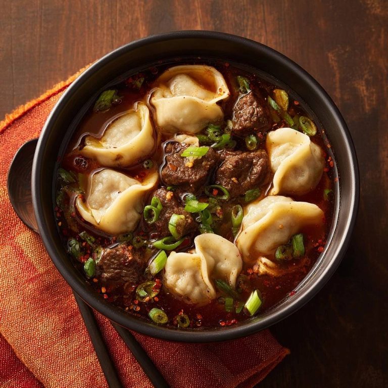 Spicy beef dumpling soup served in a dark bowl, viewed from directly overhead, with dumplings and beef visible.