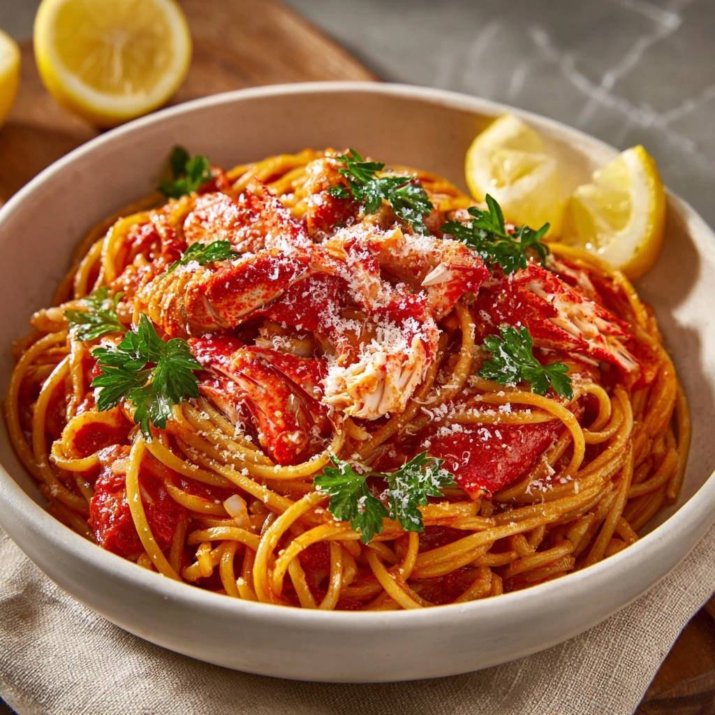 Spicy crab linguine with fresh parsley garnish and grated Parmesan cheese, served with lemon wedges.