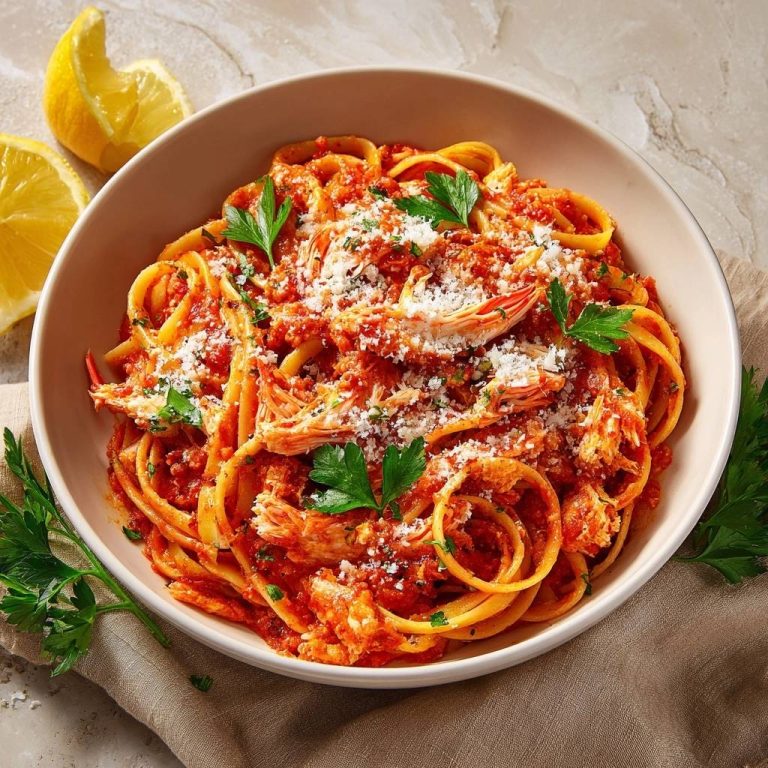 Spicy crab linguine served in a bowl, garnished with parsley and grated cheese, with lemon wedges on the side.