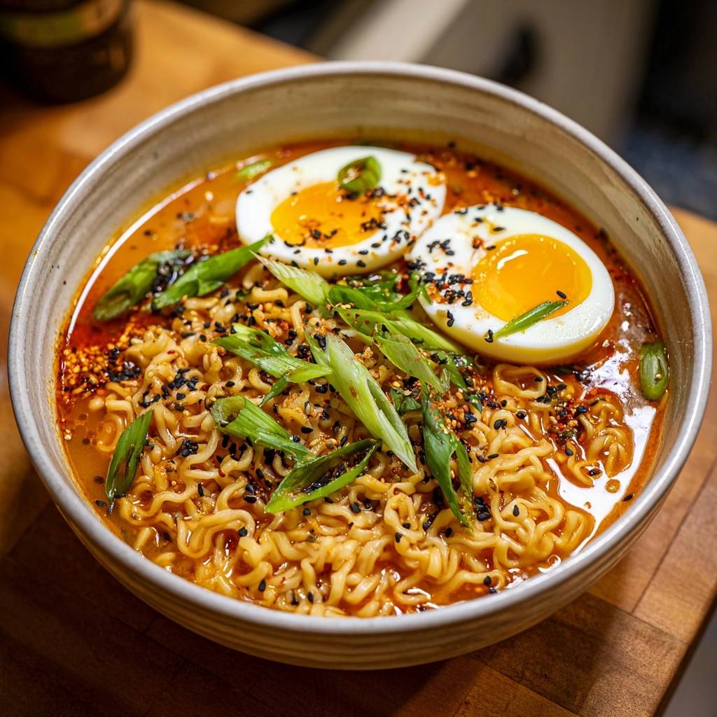 Spicy ramen with jammy eggs, garnished with fresh scallions and sesame seeds, shown in a close-up view.