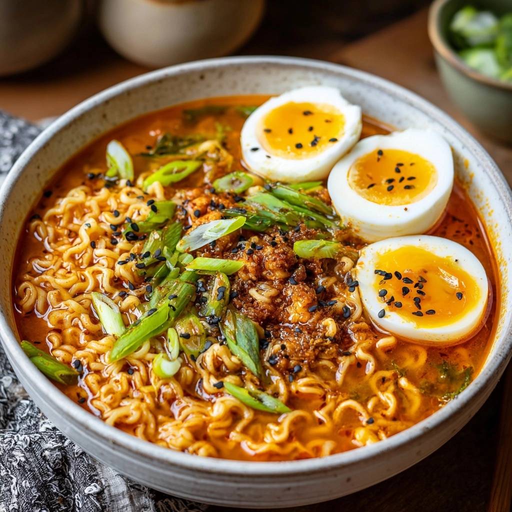 Spicy ramen with jammy eggs, featuring a close-up view of the flavorful broth, noodles, and savory topping.