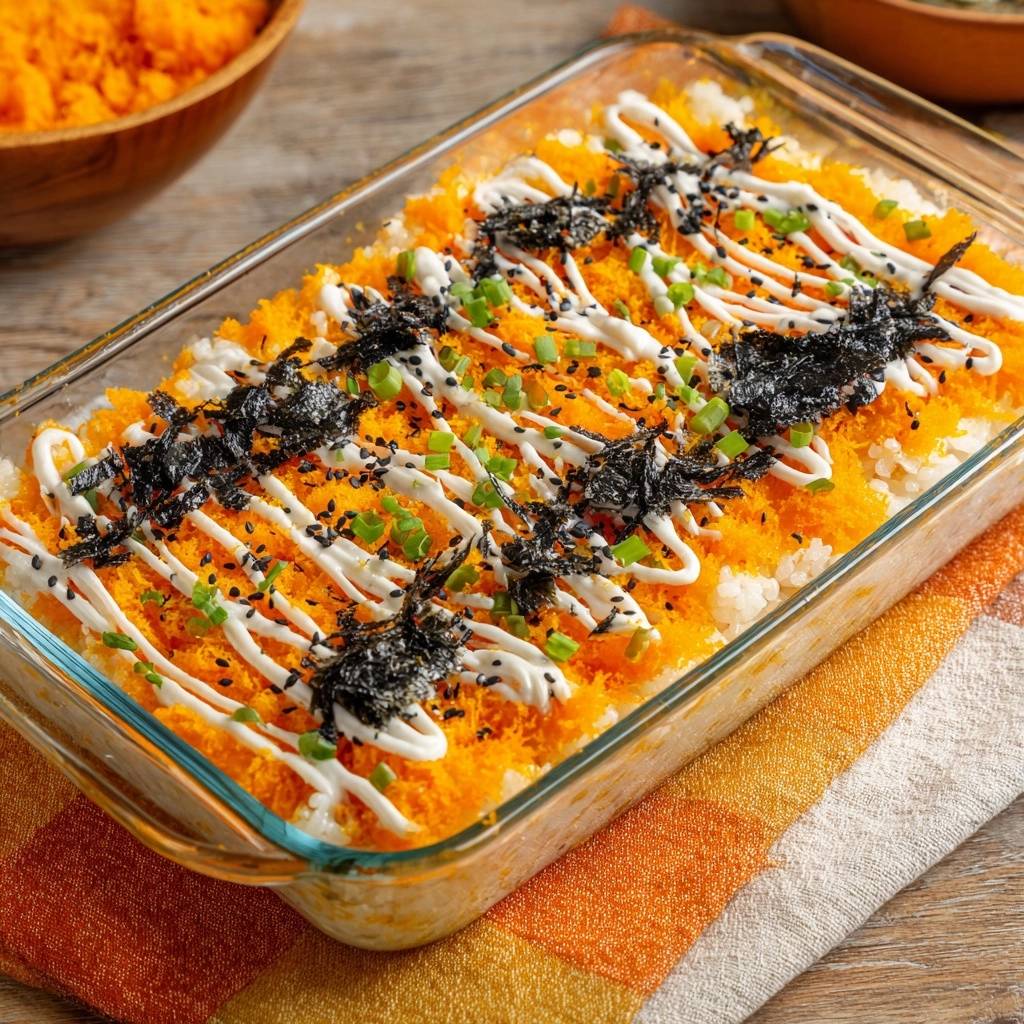 Spicy sushi bake in a glass dish, topped with mayonnaise, nori, and green onions.