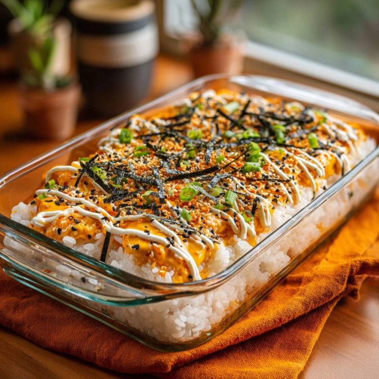 Spicy sushi bake in a glass dish, generously topped with creamy sauce, nori, and sesame seeds.