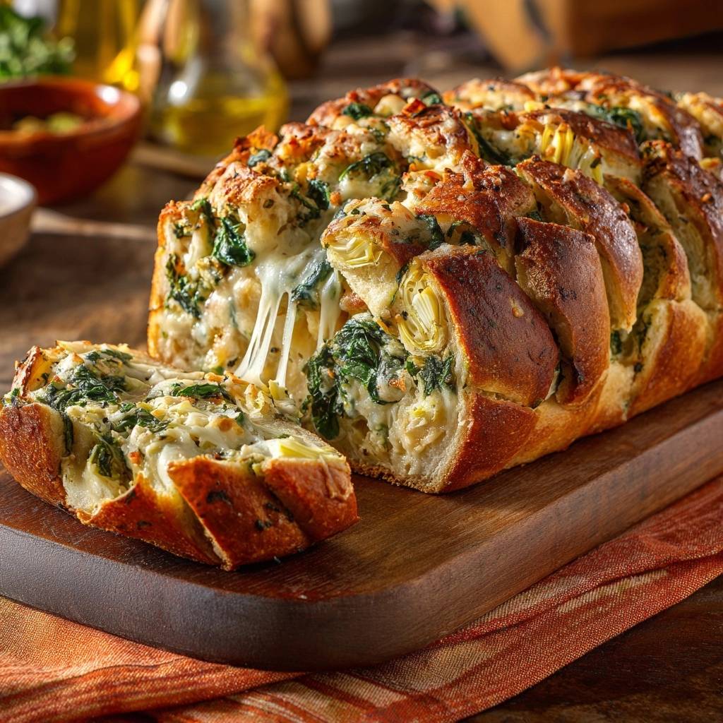 Spinach artichoke pull-apart bread with a slice pulled away revealing melted cheese and filling.