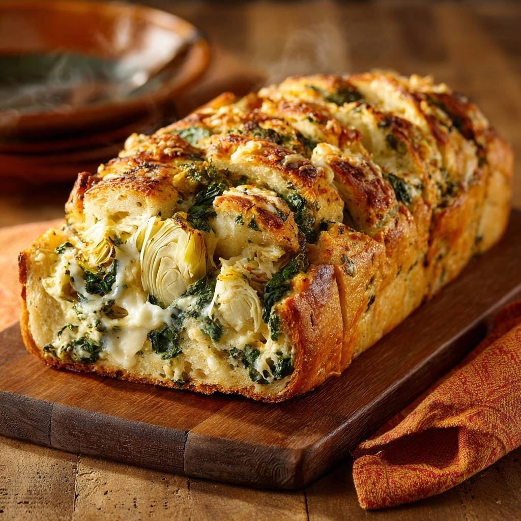 Spinach artichoke pull-apart bread shown in a close-up view with steam rising, highlighting the cheesy filling.