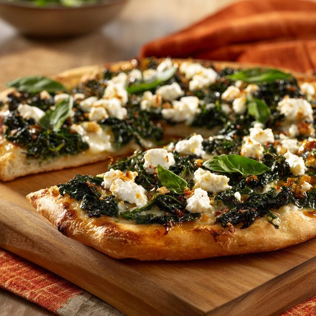 Spinach feta flatbread with crispy crust mastery, shown in a close-up view of a sliced piece with visible toppings.