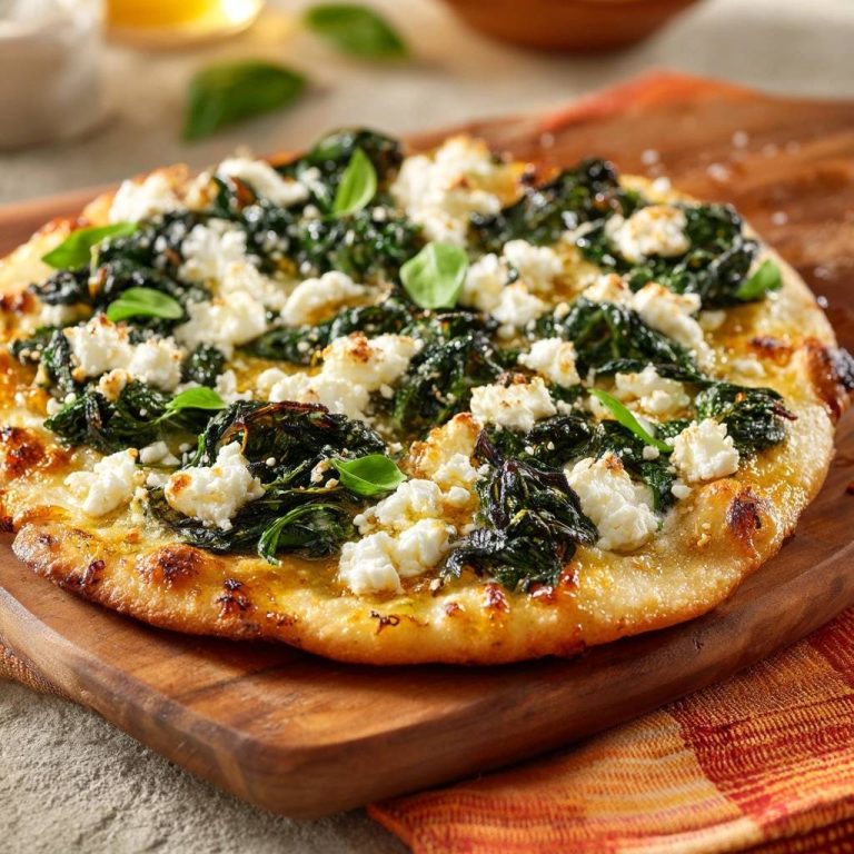 Spinach feta flatbread with crispy crust mastery shown in a close-up view highlighting the toppings and golden crust.