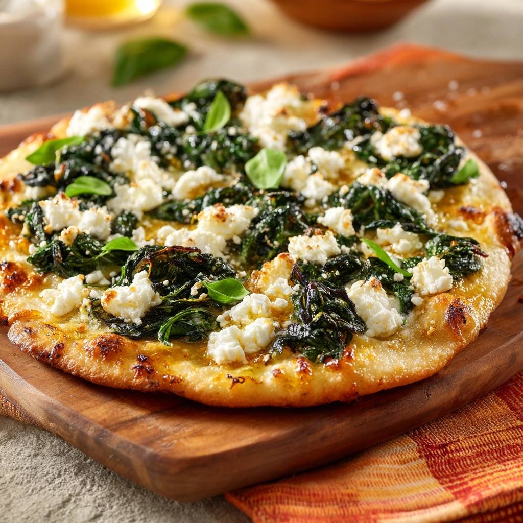 Spinach feta flatbread with crispy crust mastery shown in a close-up view highlighting the toppings and golden crust.