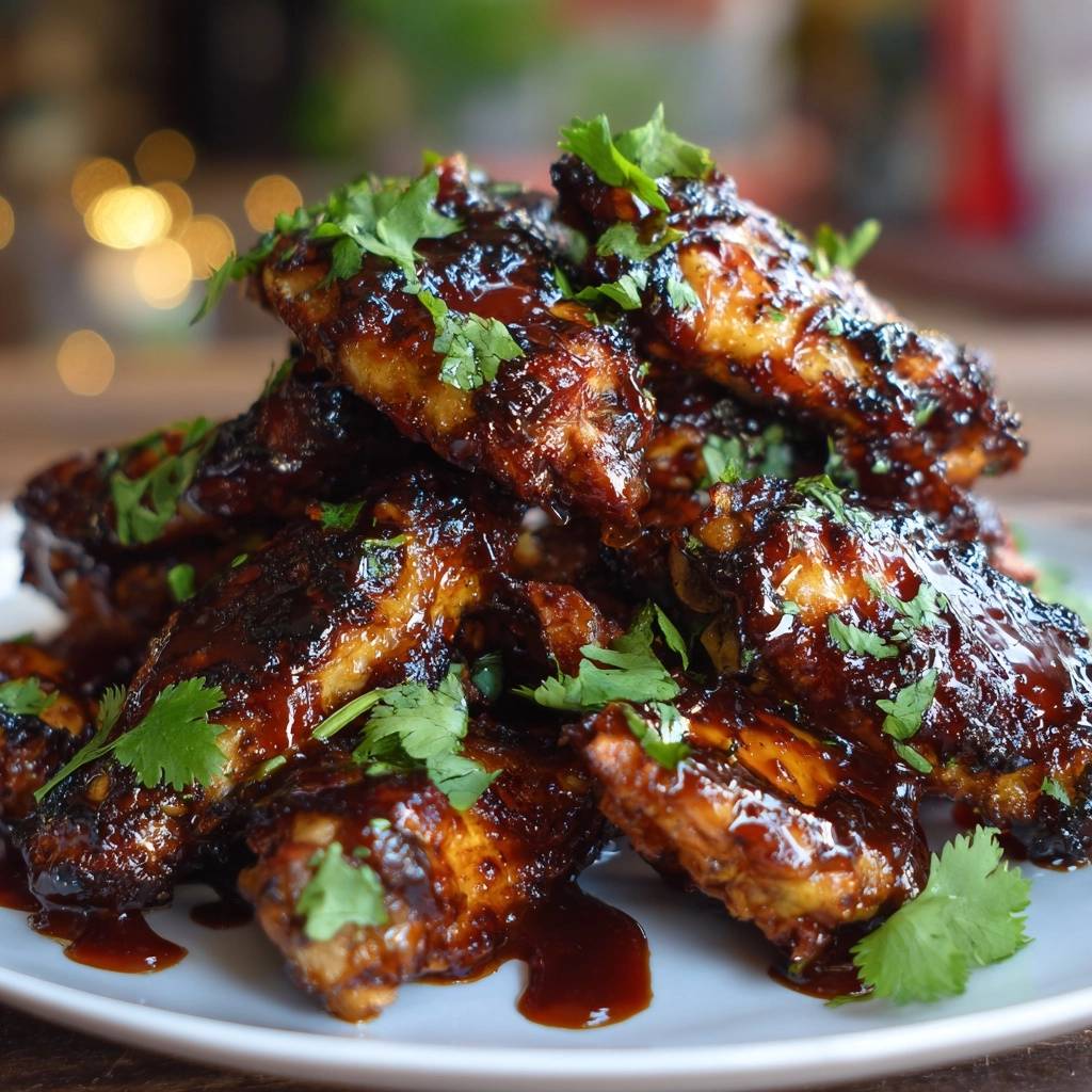 Sticky BBQ chicken wings glistening with glaze and fresh cilantro garnish, stacked on a plate.