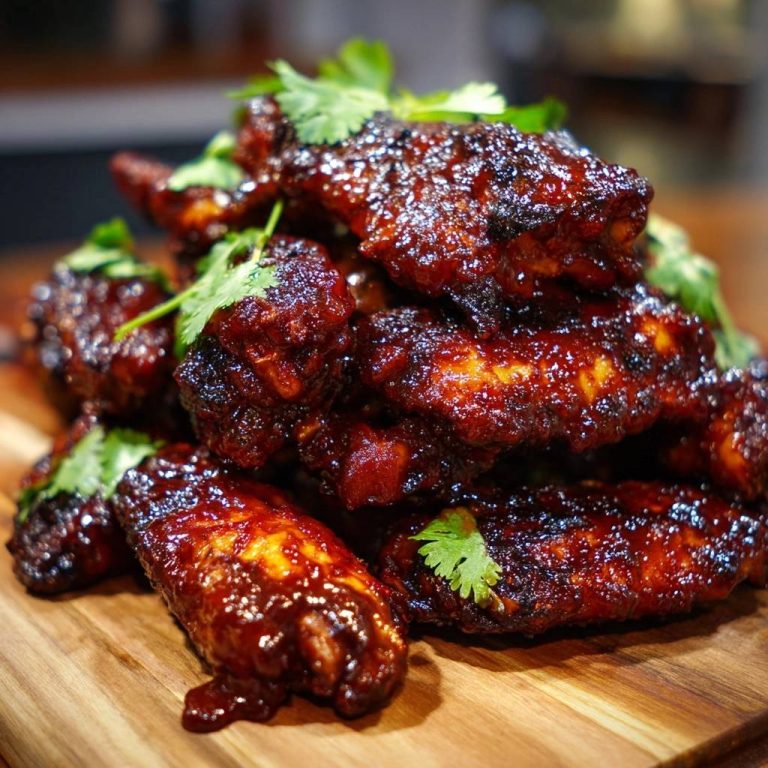 Sticky BBQ chicken wings are piled high on a wooden board, showcasing their rich glaze and fresh cilantro garnish.