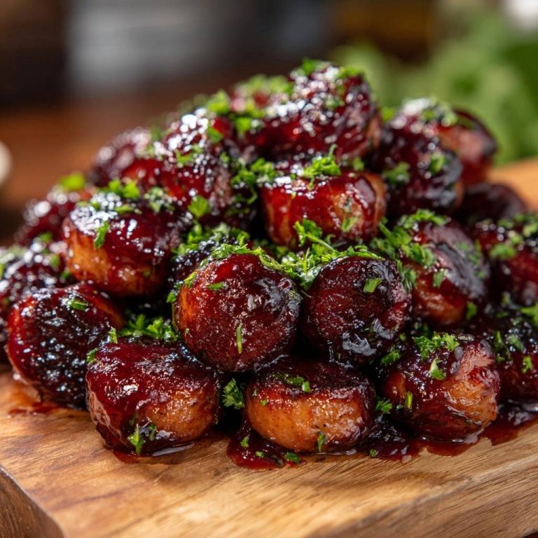 Sticky BBQ meatballs glazed in a rich sauce and garnished with fresh parsley on a wooden board.
