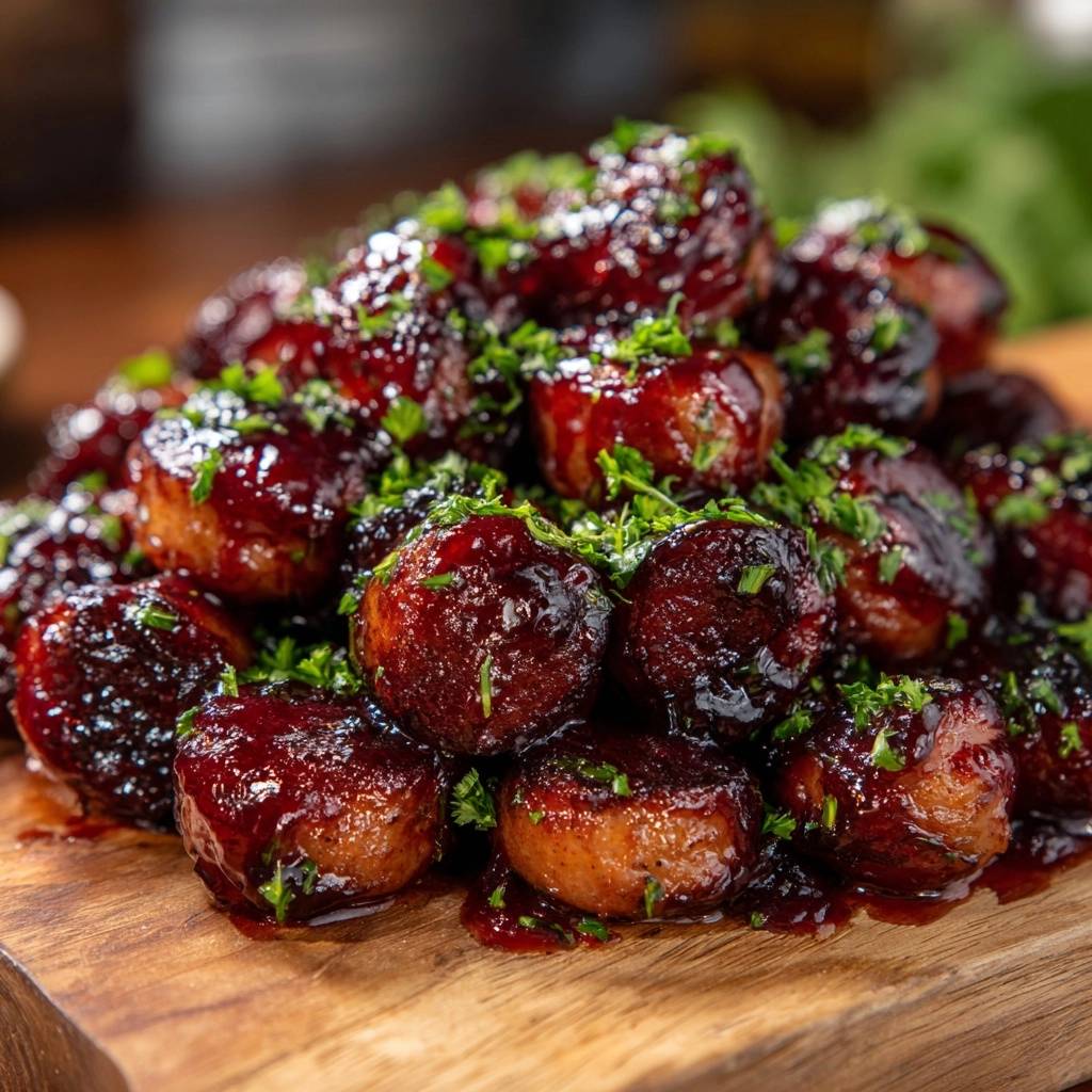 Sticky BBQ meatballs glazed in a rich sauce and garnished with fresh parsley on a wooden board.