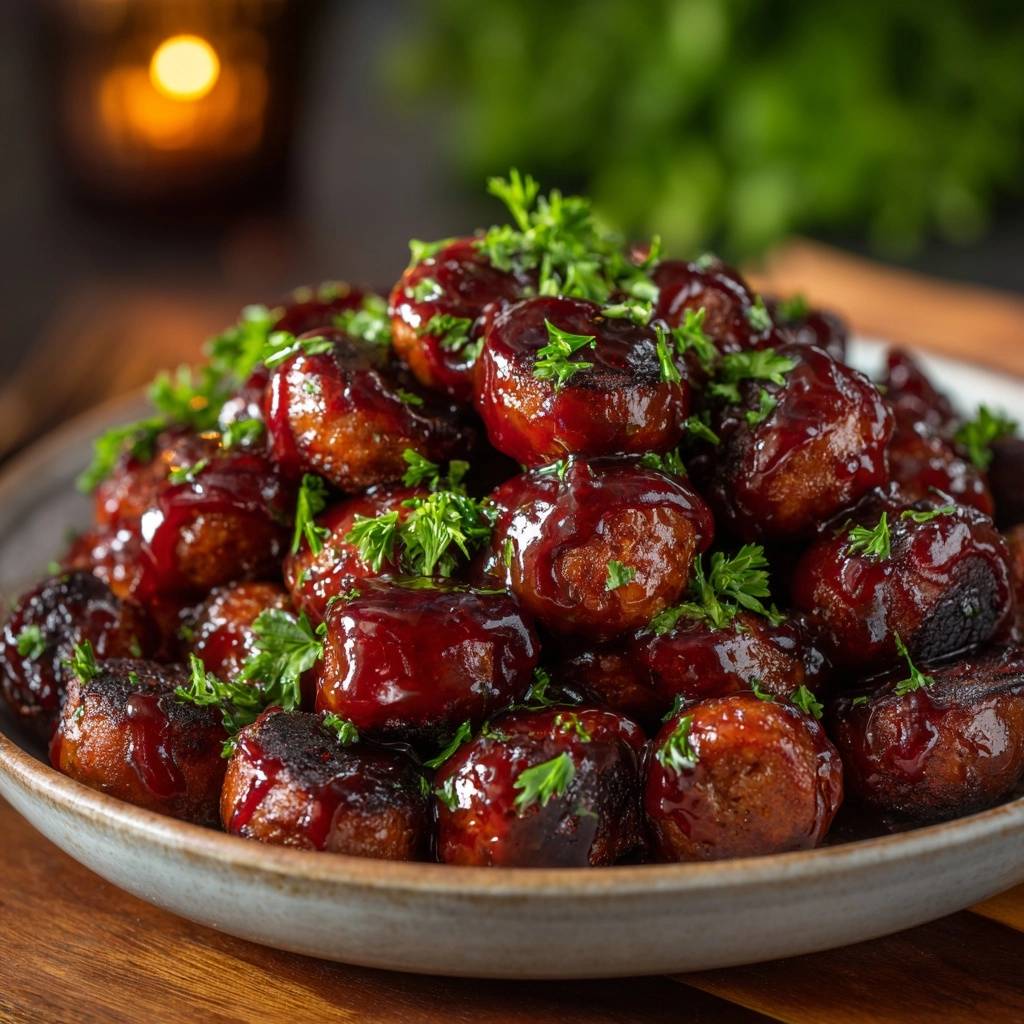 Sticky BBQ meatballs generously glazed and topped with fresh parsley, showcasing a rich texture.