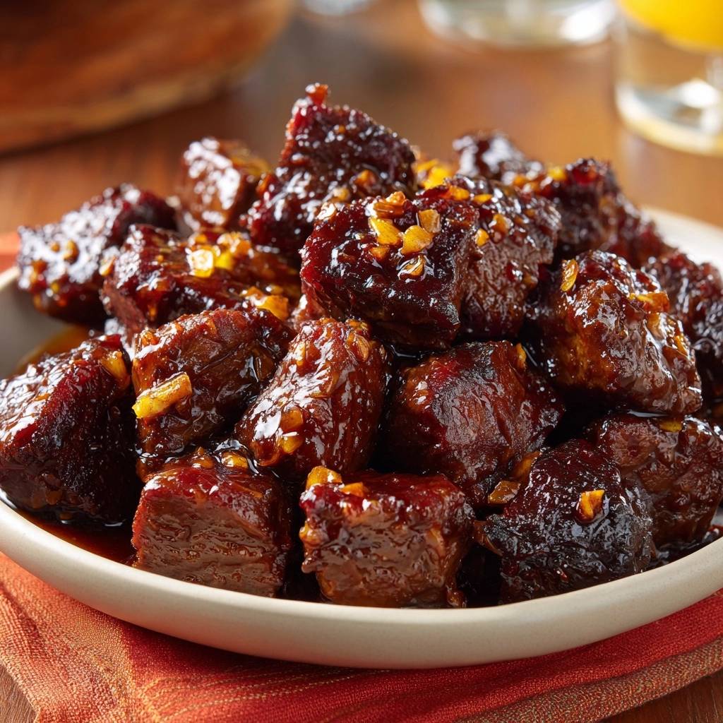 Sticky garlic beef bites glistening with a rich glaze and topped with chopped garlic.