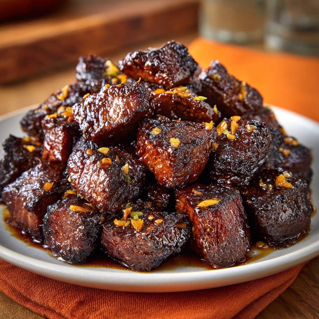 Sticky garlic beef bites piled high on a white plate, showcasing their glazed texture and garlic garnish.