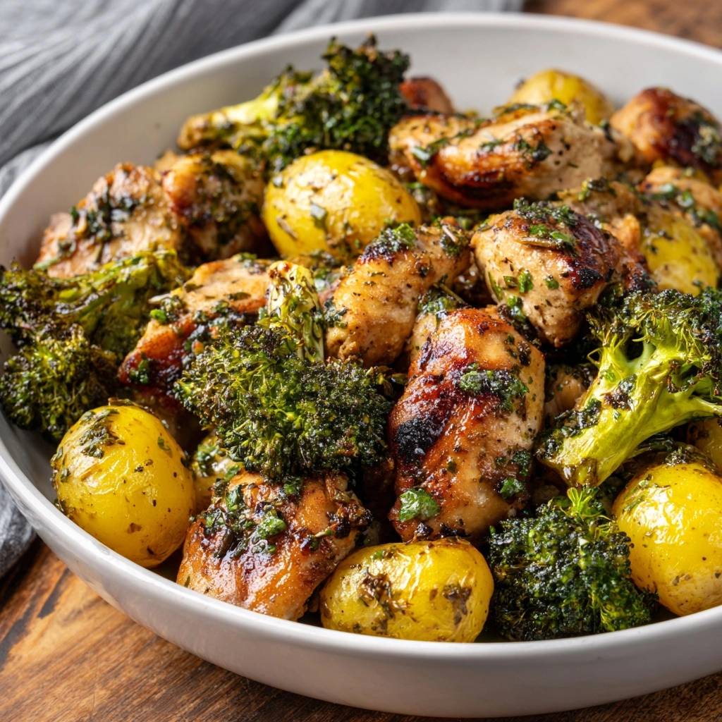 Sticky glazed chicken with baby potatoes and broccoli served in a white bowl, presented in a close-up view.