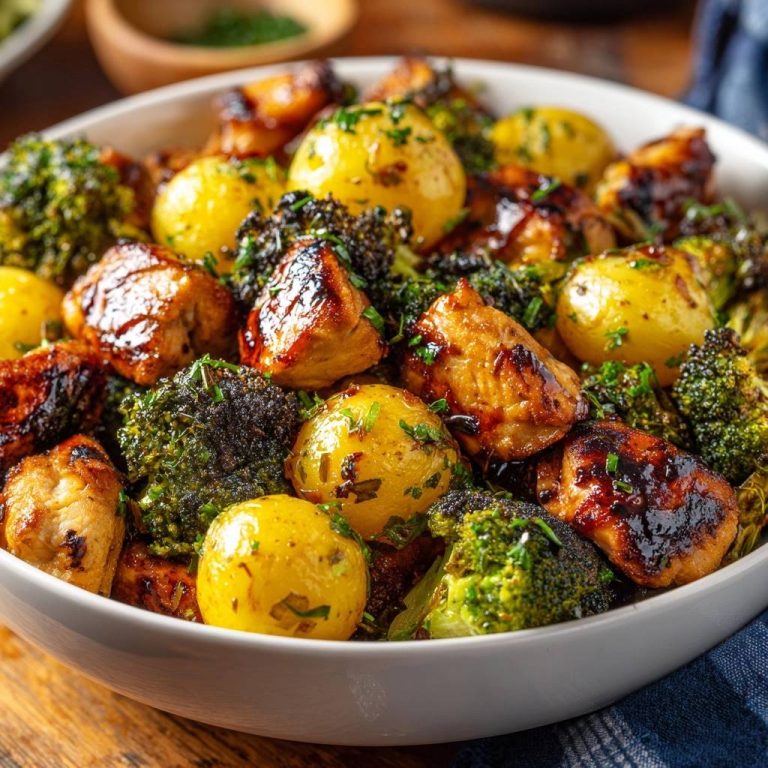 Sticky glazed chicken with baby potatoes and broccoli served in a white bowl, close-up view.