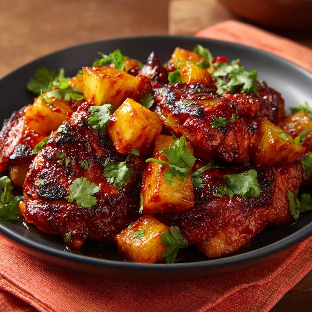 Sticky pineapple chicken thighs garnished with fresh cilantro, shown in a close-up view on a black plate.