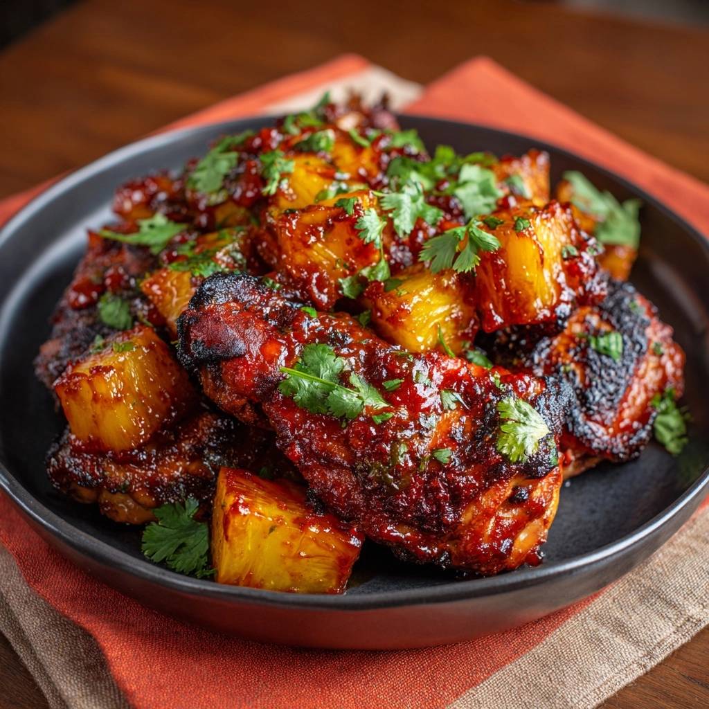 Sticky pineapple chicken thighs glistening with a rich glaze and fresh cilantro garnish.