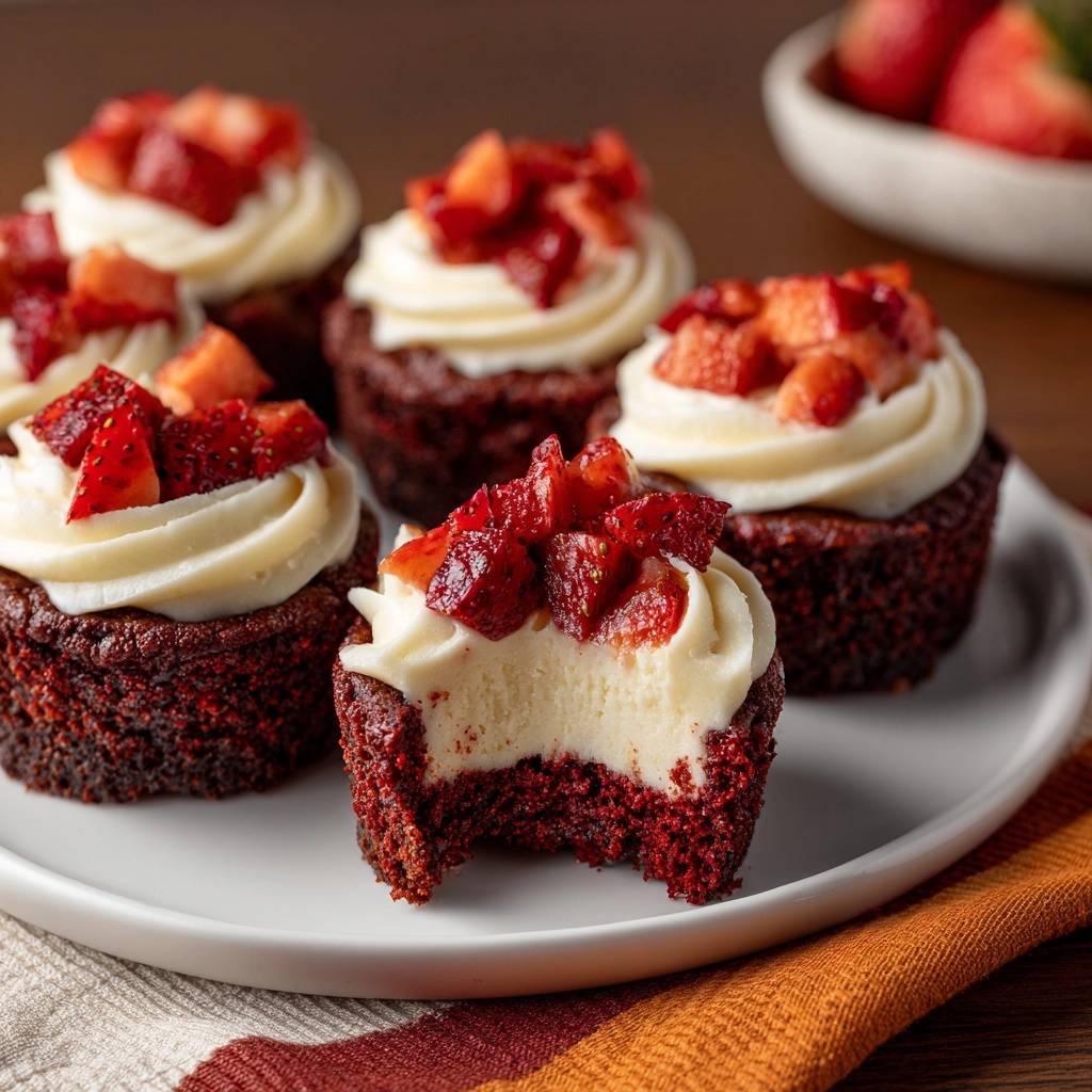 Strawberry cheesecake red velvet cupcakes with a bite taken out, showing the creamy filling and red cake.