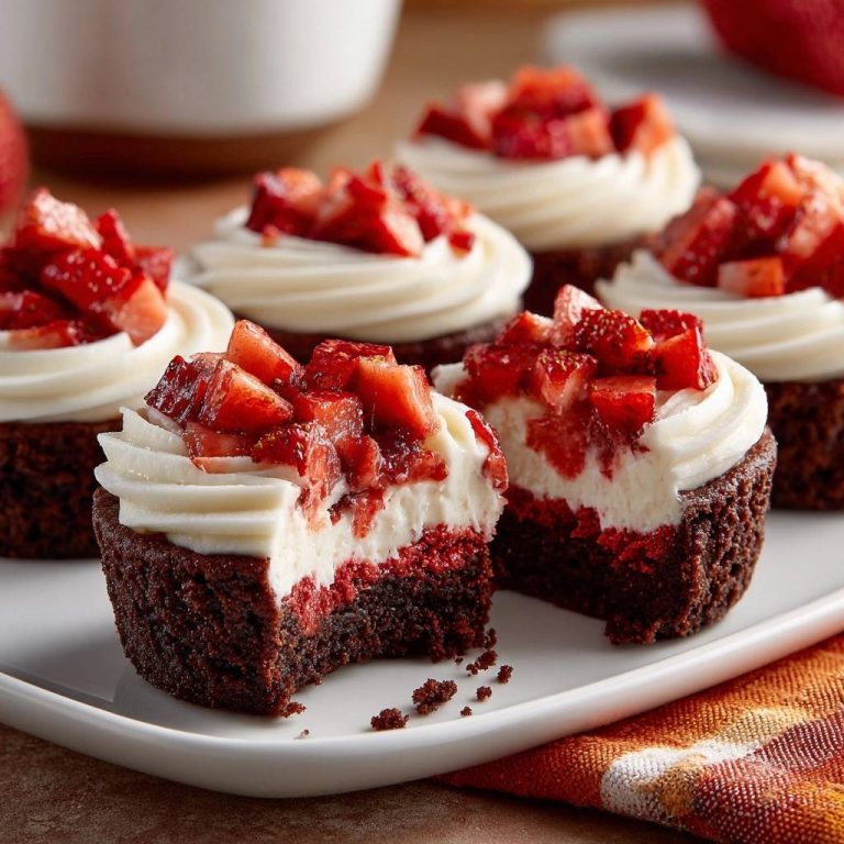 Strawberry cheesecake red velvet cupcakes shown in a close-up cross-section revealing fluffy cream cheese filling and moist red velvet cake.