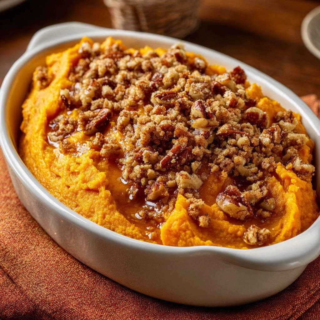 Sweet potato pecan casserole with crunchy streusel topping in a white dish, showing a close-up of the texture.