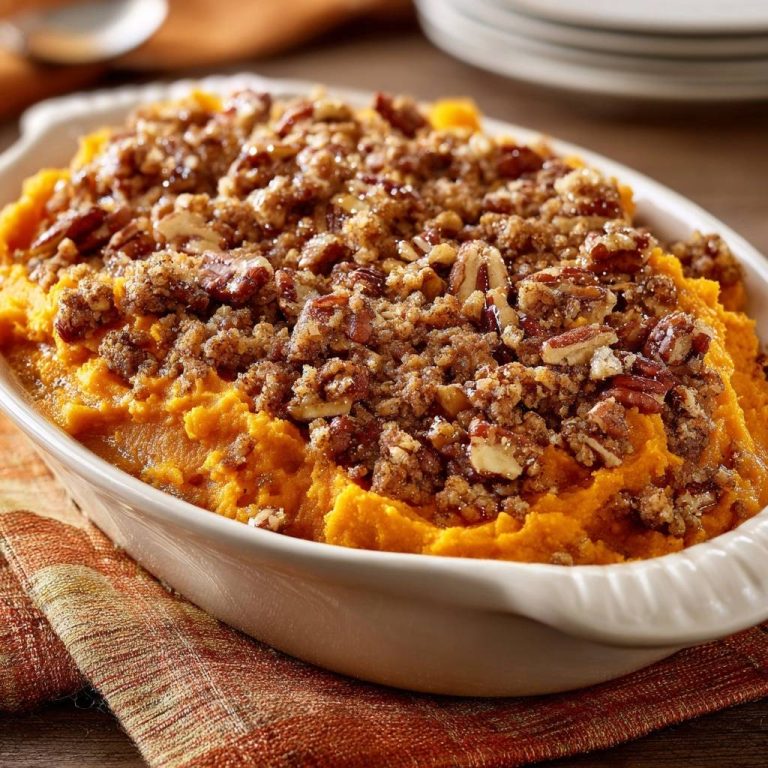 Sweet potato pecan casserole with crunchy streusel topping, showcasing a close-up view of the textured pecan and crumb topping.