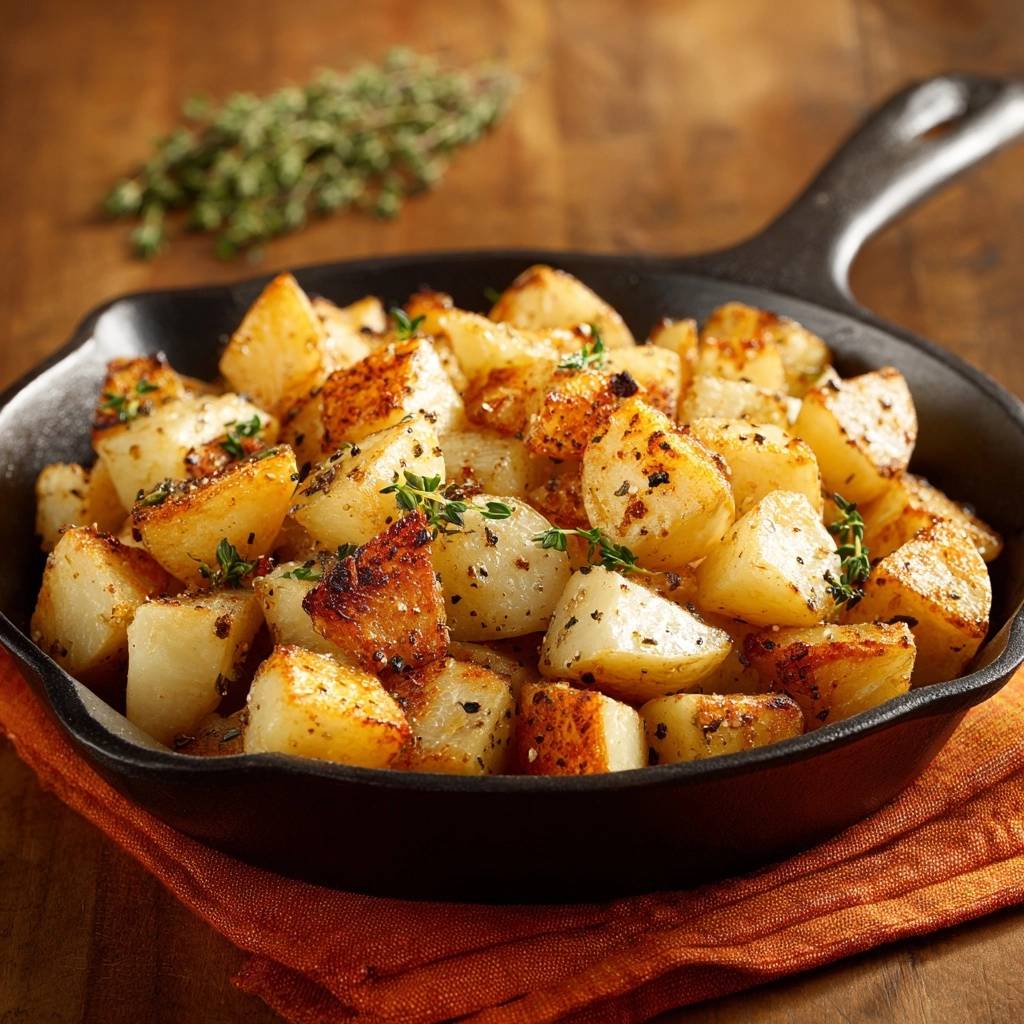 Crispy Thyme Skillet Potatoes shown close-up, seasoned with herbs and spices in a black cast-iron pan.