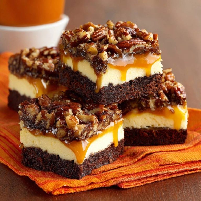 Turtle cheesecake brownies with firm caramel dripping down a close-up view of a stacked serving.