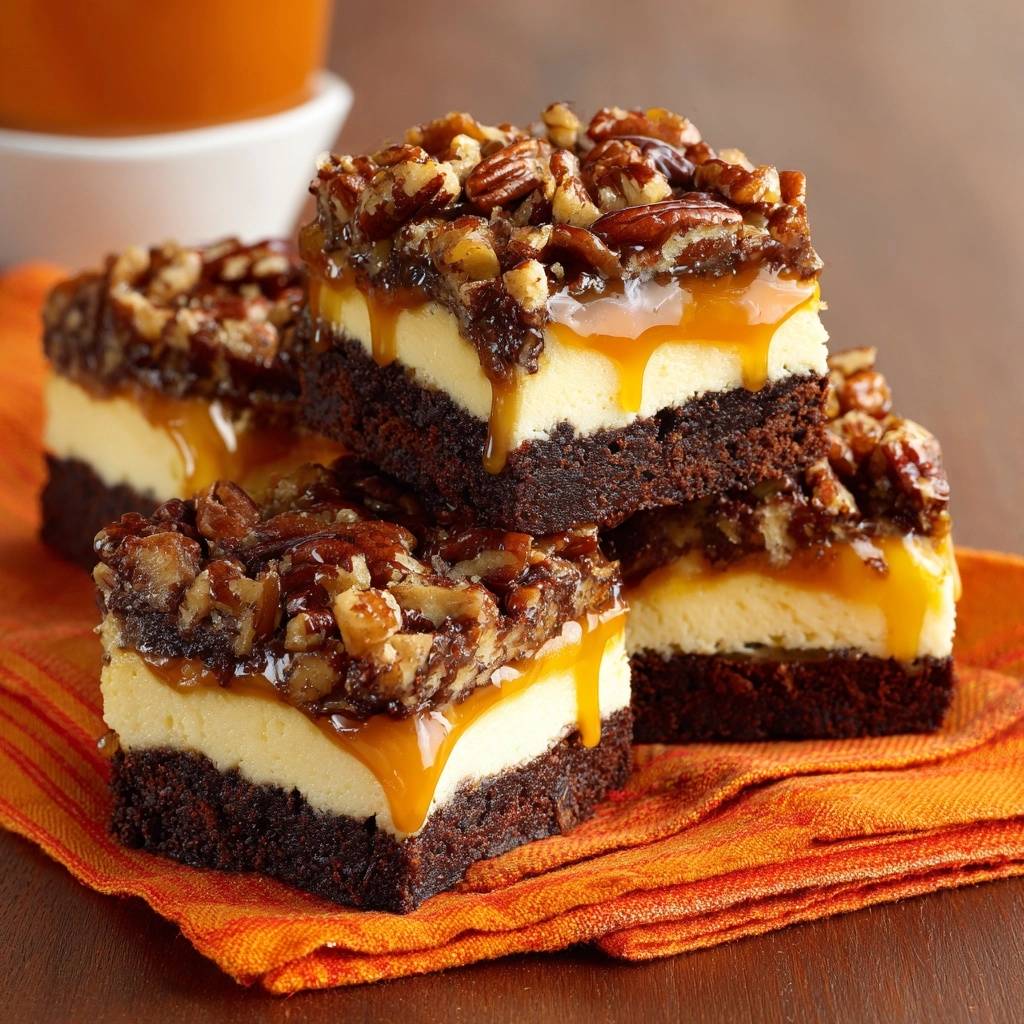 Turtle cheesecake brownies with firm caramel dripping down a close-up view of a stacked serving.