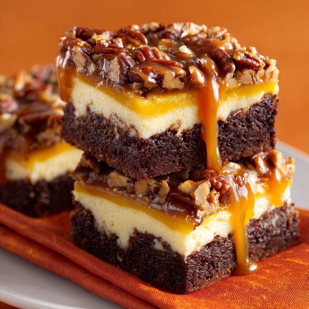 Turtle cheesecake brownies stacked with a generous drizzle of firm caramel and pecans.