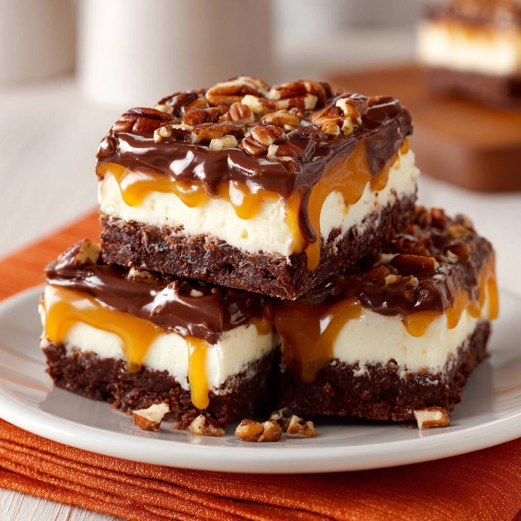 Turtle cheesecake brownies stacked up, showing layers of chocolate, cheesecake, caramel, and pecans in a close-up view.