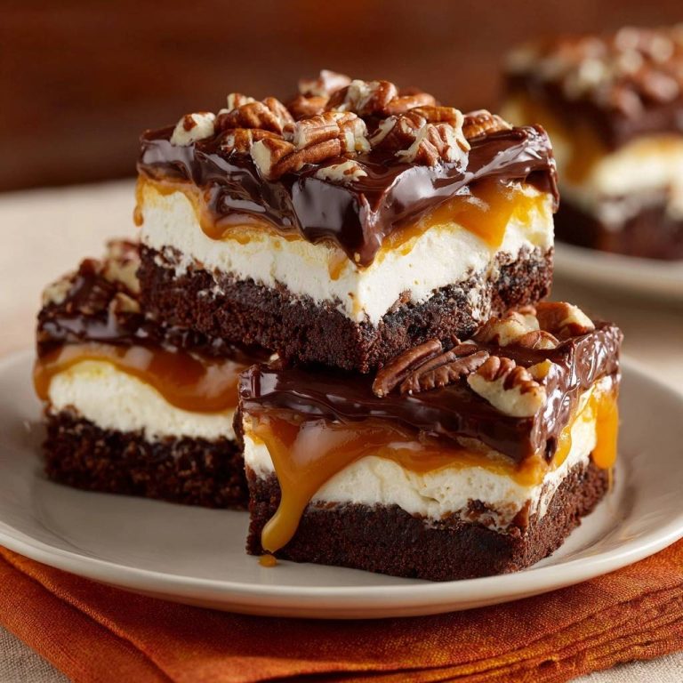 Turtle cheesecake brownies with crisp layers, showing stacked slices with a rich chocolate ganache and pecan topping.