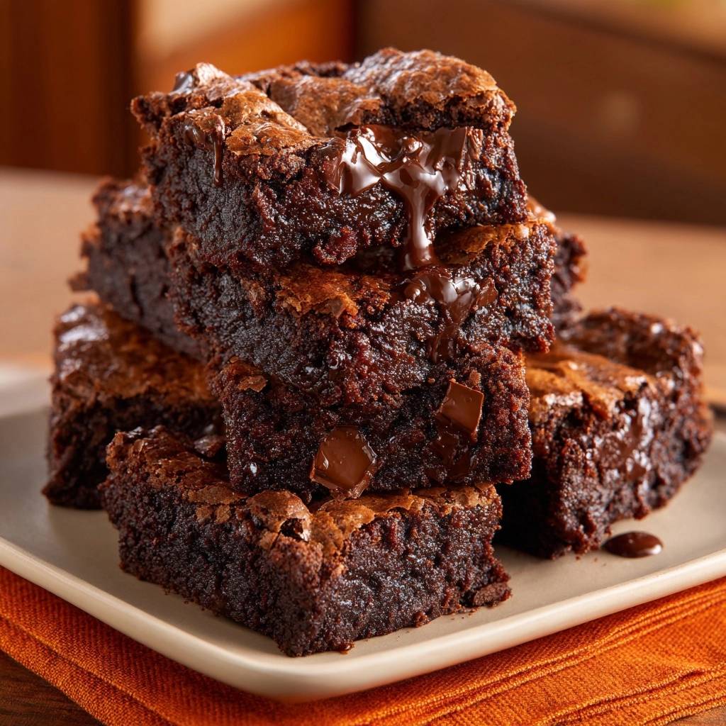 Ultimate fudgy brownies stacked on a plate with melted chocolate drizzling down the sides.