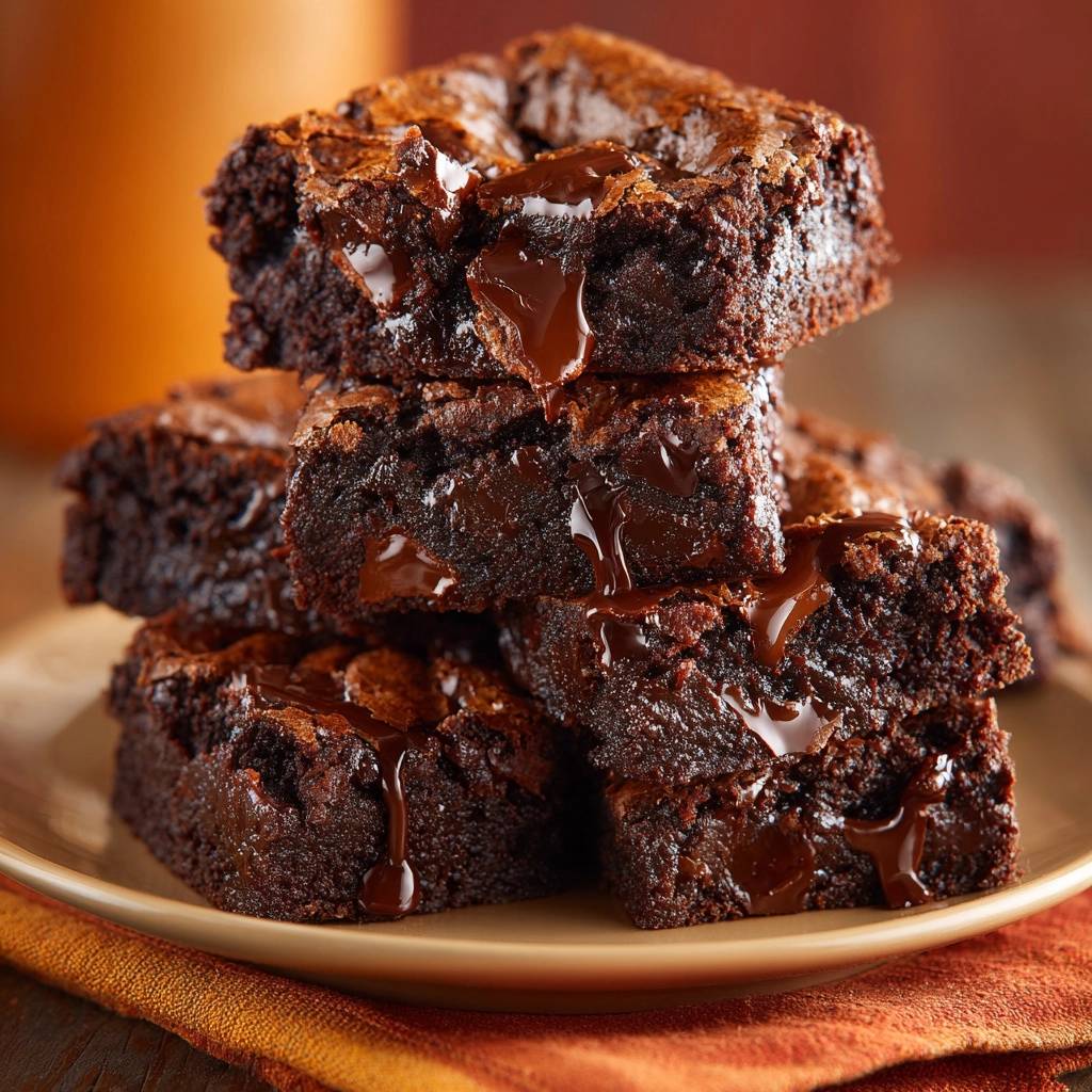 Ultimate fudgy brownies stacked high on a plate with a rich chocolate drizzle melting down the sides.